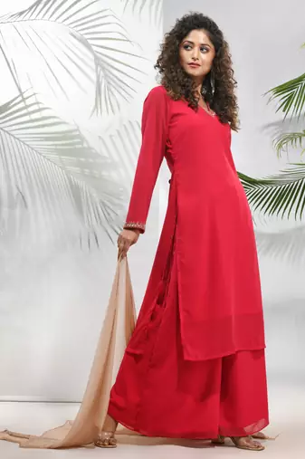 Fuchsia georgette suit set with beads work
