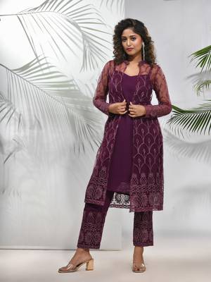Purple georgette kurta set with floral embroidery jacket 1