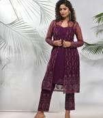 Purple georgette kurta set with floral embroidery jacket