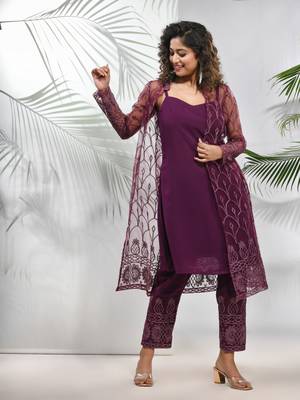 Purple georgette kurta set with floral embroidery jacket 2
