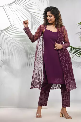Purple georgette kurta set with floral embroidery jacket