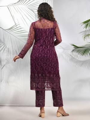 Purple georgette kurta set with floral embroidery jacket 3