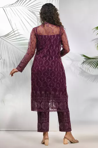 Purple georgette kurta set with floral embroidery jacket
