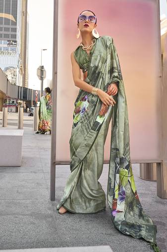 Light olive color swiss satin printed saree with blouse