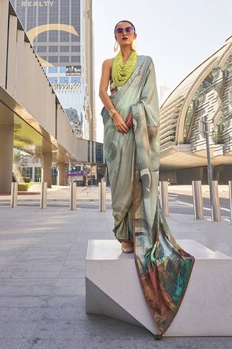 Grey color swiss satin printed saree with blouse