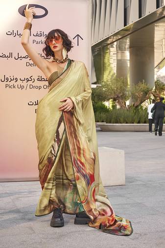 Light peach color swiss satin printed saree with blouse