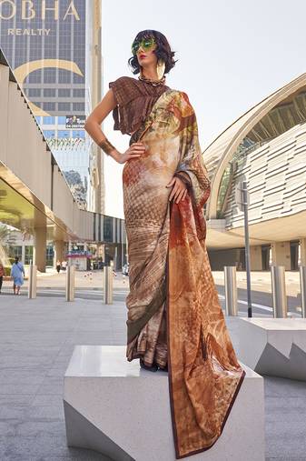 Brown color swiss satin printed saree with blouse