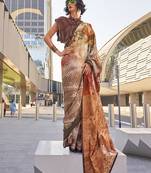 Brown color swiss satin printed saree with blouse