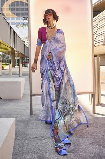 Light blue color swiss satin printed saree with blouse