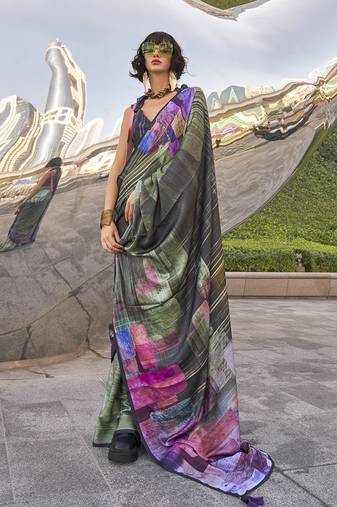 Black color swiss satin printed saree with blouse