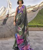 Black color swiss satin printed saree with blouse