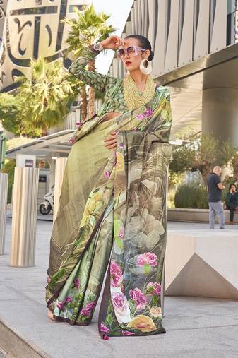 Light yellow color swiss satin printed saree with blouse