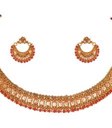 Jfl - ethnic one gram gold plated lcd champagne polki stone studded design necklace set for women and girls.