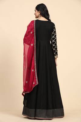 Trendmalls Women's Embroidery Anarkali Salwar Suit Black Kurta Pant with Pink Dupatta for Women 3