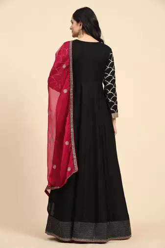 Trendmalls Women's Embroidery Anarkali Salwar Suit Black Kurta Pant with Pink Dupatta for Women