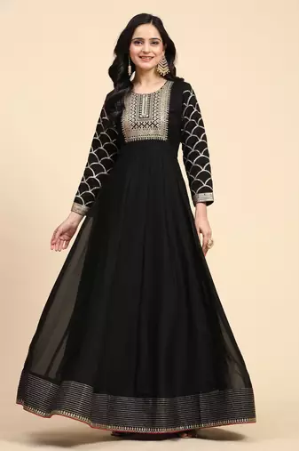Trendmalls Women's Embroidery Anarkali Salwar Suit Black Kurta Pant with Pink Dupatta for Women