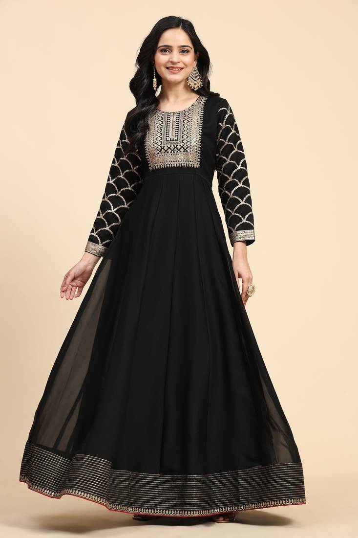 Women's Embroidery Anarkali Salwar Suit Black Kurta Pant with Pink Dupatta for Women