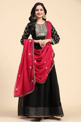 Trendmalls Women's Embroidery Anarkali Salwar Suit Black Kurta Pant with Pink Dupatta for Women 1