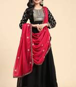 Women's Embroidery Anarkali Salwar Suit Black Kurta Pant with Pink Dupatta for Women
