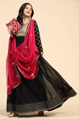 Trendmalls Women's Embroidery Anarkali Salwar Suit Black Kurta Pant with Pink Dupatta for Women 5