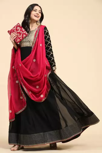 Trendmalls Women's Embroidery Anarkali Salwar Suit Black Kurta Pant with Pink Dupatta for Women