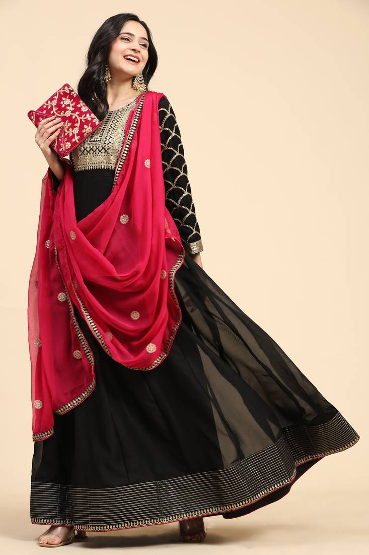 Women's Embroidery Anarkali Salwar Suit Black Kurta Pant with Pink Dupatta for Women