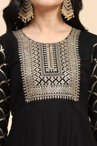 Trendmalls Women's Embroidery Anarkali Salwar Suit Black Kurta Pant with Pink Dupatta for Women
