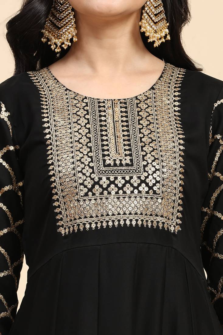 Women's Embroidery Anarkali Salwar Suit Black Kurta Pant with Pink Dupatta for Women