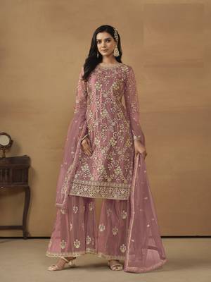 BLUSH PINK NET EMBROIDERED SHARARA SALWAR KAMEEZ 1