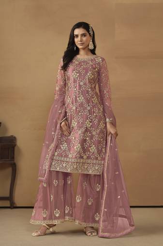 BLUSH PINK NET EMBROIDERED SHARARA SALWAR KAMEEZ