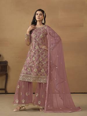 BLUSH PINK NET EMBROIDERED SHARARA SALWAR KAMEEZ 2