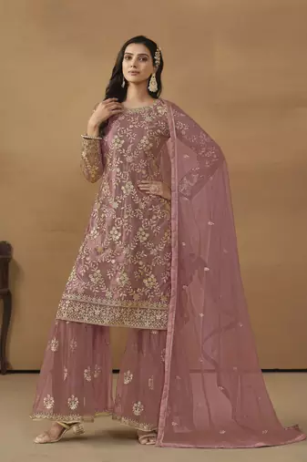 BLUSH PINK NET EMBROIDERED SHARARA SALWAR KAMEEZ