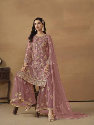 BLUSH PINK NET EMBROIDERED SHARARA SALWAR KAMEEZ 3