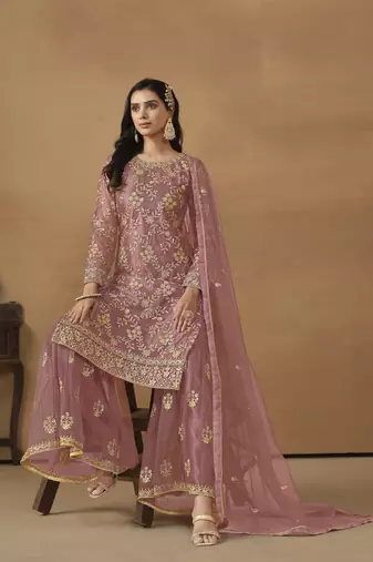 BLUSH PINK NET EMBROIDERED SHARARA SALWAR KAMEEZ