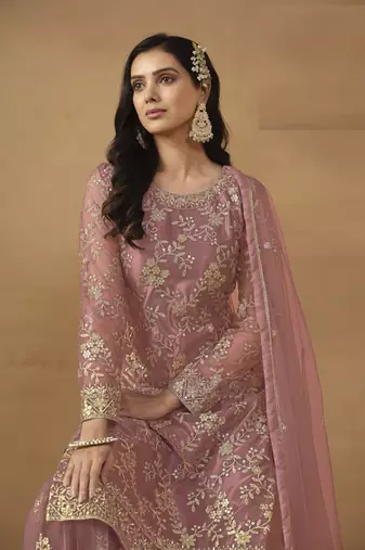 BLUSH PINK NET EMBROIDERED SHARARA SALWAR KAMEEZ