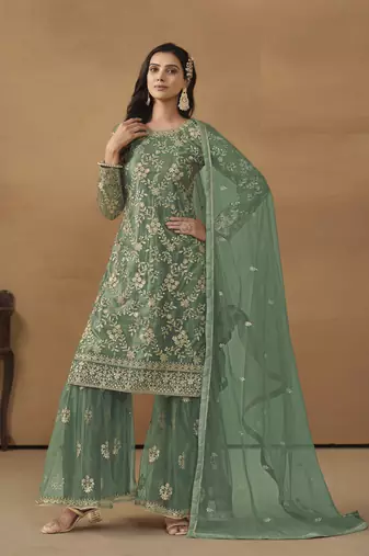 PASTEL PINK NET EMBROIDERED SHARARA SALWAR KAMEEZ