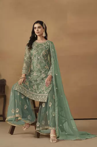 PASTEL PINK NET EMBROIDERED SHARARA SALWAR KAMEEZ