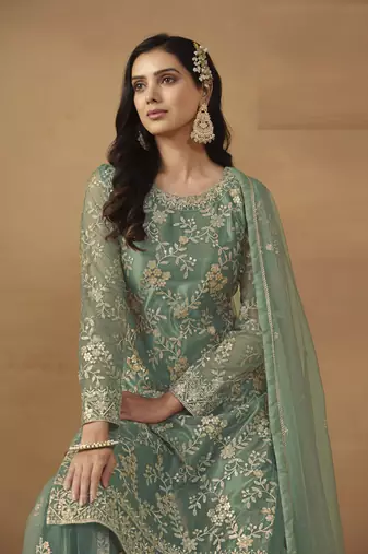 PASTEL PINK NET EMBROIDERED SHARARA SALWAR KAMEEZ