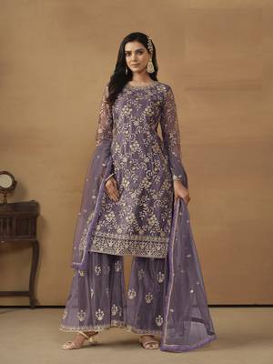 LAVENDER PINK NET EMBROIDERED SHARARA SALWAR KAMEEZ 1