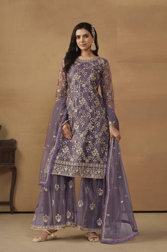 LAVENDER PINK NET EMBROIDERED SHARARA SALWAR KAMEEZ