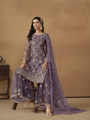 LAVENDER PINK NET EMBROIDERED SHARARA SALWAR KAMEEZ 3