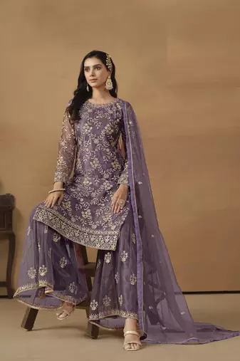 LAVENDER PINK NET EMBROIDERED SHARARA SALWAR KAMEEZ