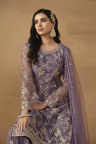 LAVENDER PINK NET EMBROIDERED SHARARA SALWAR KAMEEZ