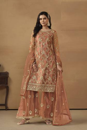 ORANGE NET EMBROIDERED SHARARA SALWAR KAMEEZ