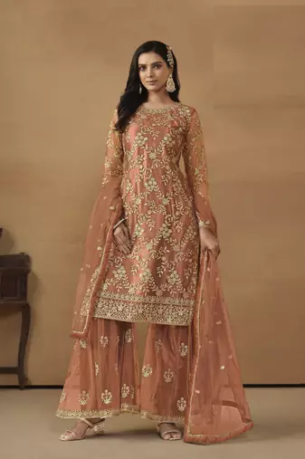 ORANGE NET EMBROIDERED SHARARA SALWAR KAMEEZ