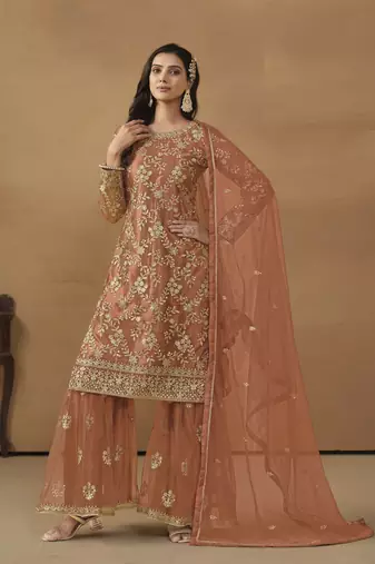 ORANGE NET EMBROIDERED SHARARA SALWAR KAMEEZ