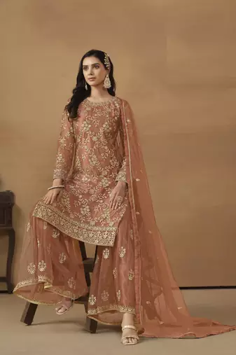 ORANGE NET EMBROIDERED SHARARA SALWAR KAMEEZ