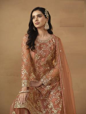 ORANGE NET EMBROIDERED SHARARA SALWAR KAMEEZ 4