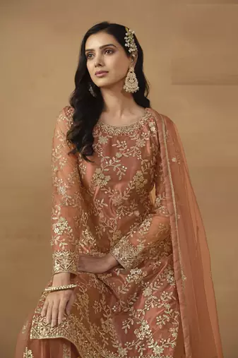 ORANGE NET EMBROIDERED SHARARA SALWAR KAMEEZ