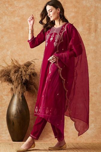  Velvet Embroidery Anarkali Kurta Set Salwar Suit pink Kurta Pant with Pink Dupatta for Women